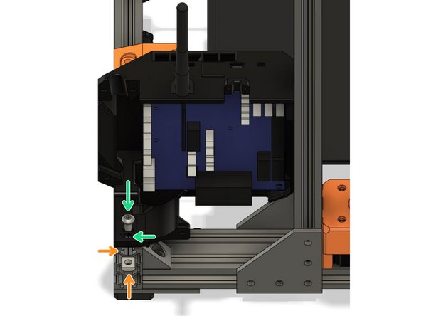 Insert a M5x8mm screw in the pocket where the case sits on the back extrusion of the XY frame.