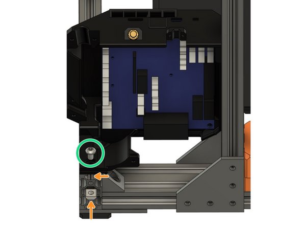 Insert a M5x8mm screw in the pocket where the case sits on the back extrusion of the XY frame.