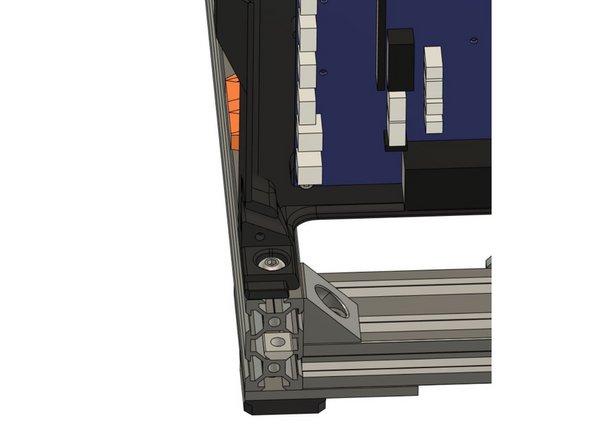 Insert a M5x8mm screw in the pocket where the case sits on the back extrusion of the XY frame.