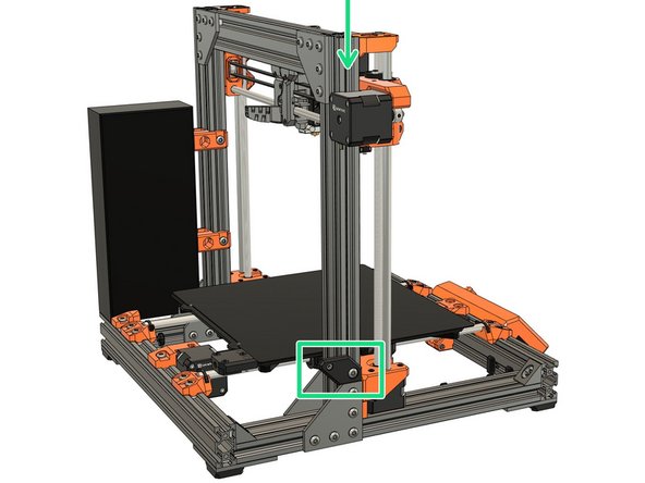 Slide the rambo_base_lower_mount into the outside channel of the extrusion (X motor side) and down to the joining plate. Make sure that the rambo_base_lower_mount is flush with the joining plate, then fully tighten the M5 screw.