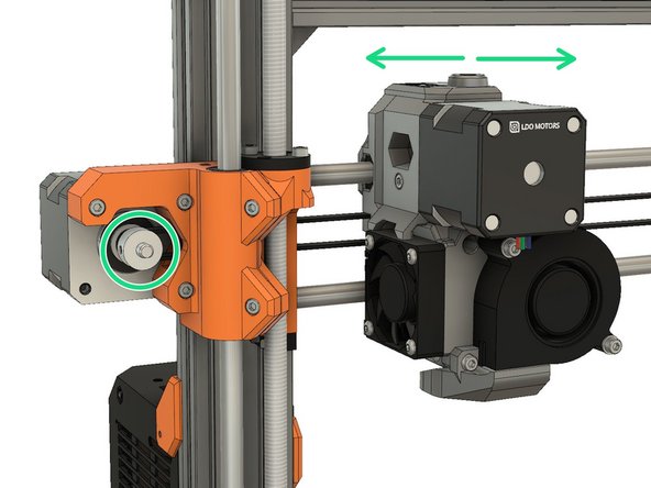 Grip the X motor shaft with pliers to prevent it moving (grab the flat side of the shaft). Tension the belt, by tightening the screws in the x_end_idler.  Do this while trying to move the extruder to the left or right. The belt should stay straight and should not bow up and skip over the drive pulley teeth.