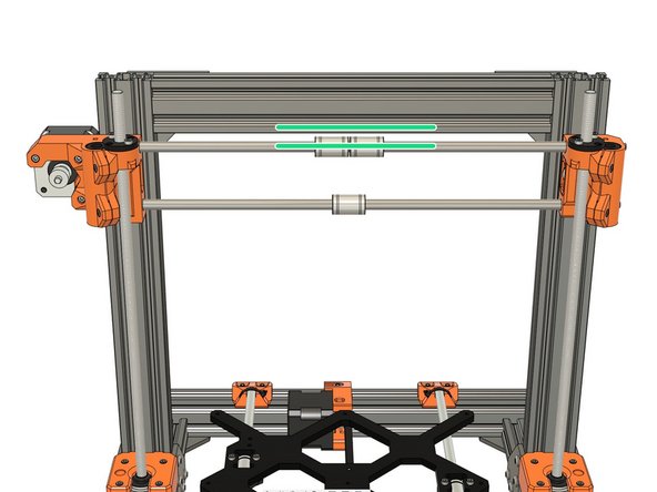 Place the X axis on top of the Z lead screws. Carefully rotate, by hand, both Z lead screws to engage with the nuts and move down the X axis.
