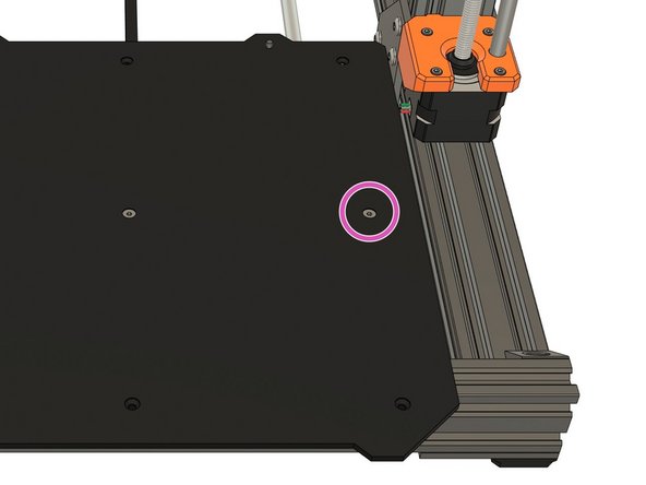 Secure the bed and spacer using one of the M3 flat head screws. Do not tighten fully yet.