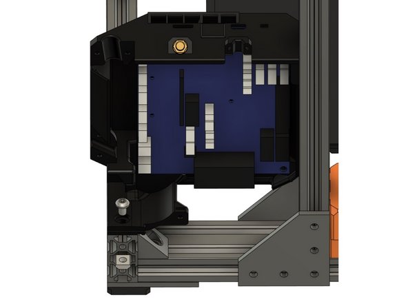 Insert a M5x8mm screw in the pocket where the case sits on the back extrusion of the XY frame.