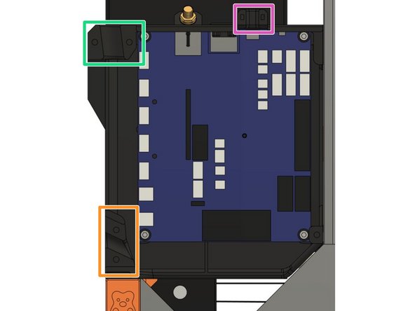 Gather all the extruder wire (with the nylon cable and the textile sleeve) on the top left and secure them with them with the board_cable_clamp_extruder and 2x M3x10 screws.