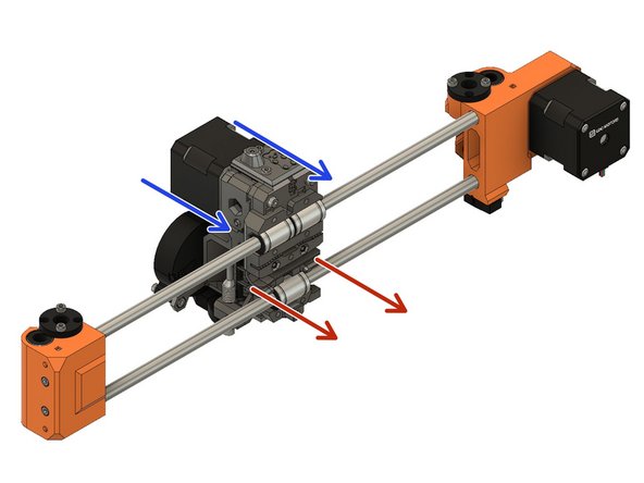 Clamp the extruder on the top and bottom linear bearings of the X axis