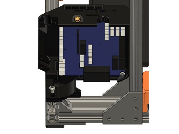 Insert a M5x8mm screw in the pocket where the case sits on the back extrusion of the XY frame.