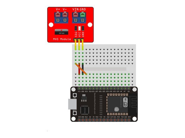Use 3 male to male jumper wires to plug the MOSFET module into the ESP32S as pictured.