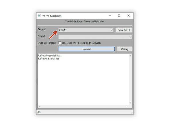 Open the Yo-Yo Firmware Uploader and select the device in the drop down menu. You may need to press “refresh list” if you do not see it in your list.