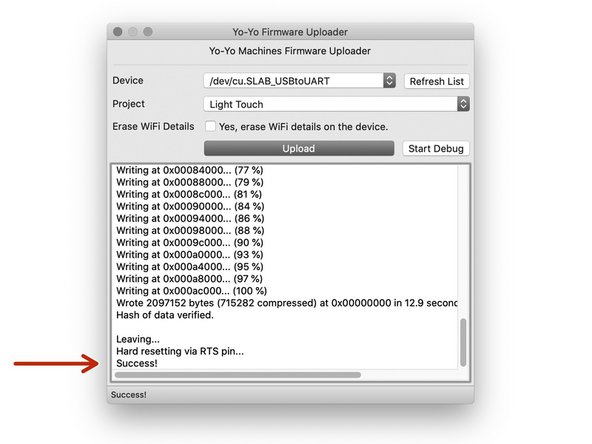 If you receive an error, please make sure you have selected the correct device in the Firmware Uploader, and that you have pressed the 'BOOT' button as described above.