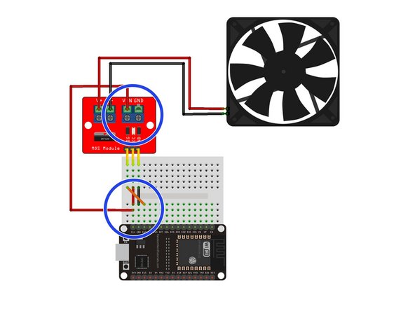 Connect the MOSFET module's VIN terminal to the ESP32S's VIN pin with another jumper wire.