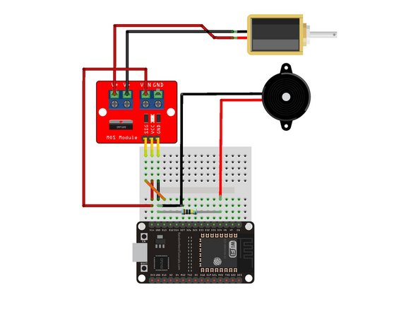 Connect the piezo sensor's red wire to pin D34 on the breadboard.