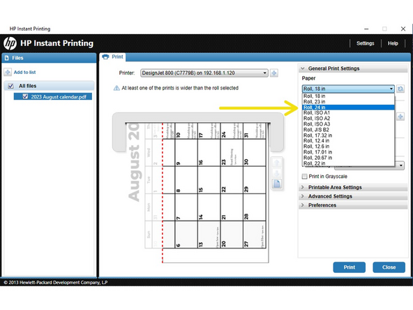 Click the 'Paper' drop-down menu and click "Roll, 24 in.'