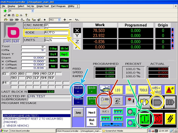 Using hand wheel prove out mode will control the program feedrate by the rotation of the hand wheel. This will allow you verify that the program seems to be working correctly at the start (where most issues occur).