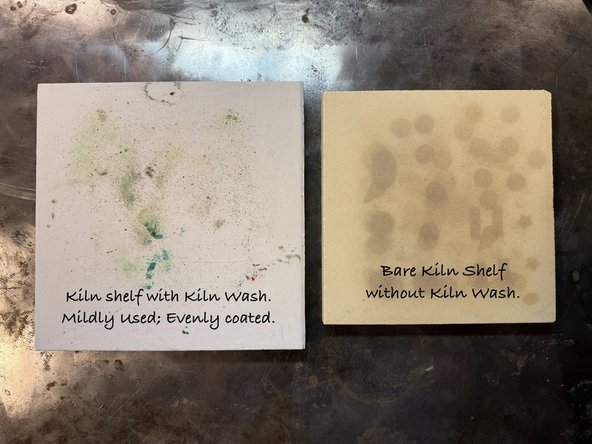 If the shelf is not coated in kiln wash or the wash is worn, loose, chipped or flaky, exposing the bare kiln shelf, follow the instructions on how to properly clean the kiln shelf and apply the kiln wash in Appendix 3 - Kiln Wash.
