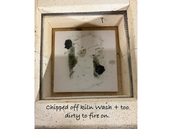 When there is build up of melted enamel on the kiln shelf, or the kiln wash becomes uneven, loose, flaky or has worn away, it will need to be cleaned and kiln wash reapplied.
