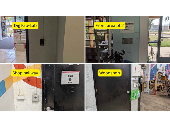 These lights include the front desk, digital Fab-Lab, sewing area, electronics, break area, woodshop, forging/blacksmithing, jewelery, member storage, and laser cutter. See attached photo collage for a reference.