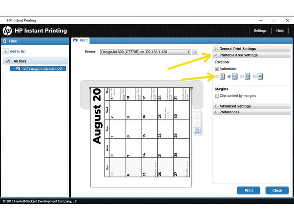 If the image doesn't appear as desired, click "Printable Area Settings" and set the necessary orientation.