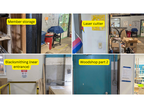 These lights include the front desk, digital Fab-Lab, sewing area, electronics, break area, woodshop, forging/blacksmithing, jewelery, member storage, and laser cutter. See attached photo collage for a reference.