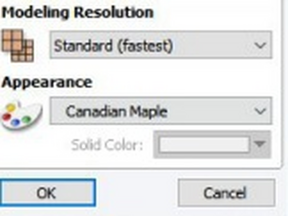 The modeling resolution and appearance settings can be  adjusted as you see fit. Setting the modeling resolution to  “Standard (fastest)” generally provides good quality preview.