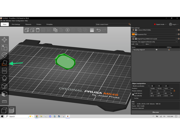 The next tool is Place on Face, which identifies flat surfaces on the model, shown in the third image, and when clicked snaps that face to the build plate. This allows very quick reorientation of model, especially if it loads in an unprintable orientation.