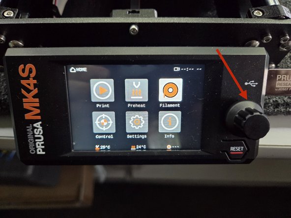 Rotate the Control knob clockwise until filament is highlighted, then press it in.
