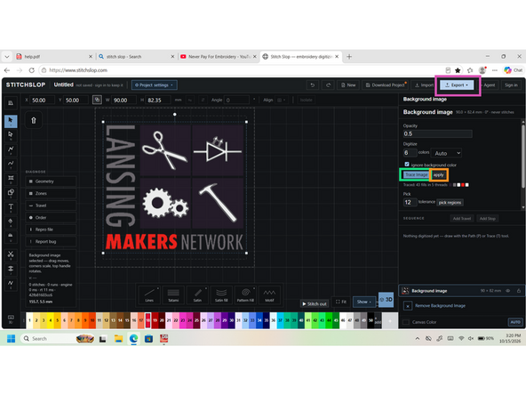 hitting New in the upper middle of the screen launches a new project, and import allow you to import your image, like the second image. After importing your image clicking the trace image button traces the image. The settings may be changed in this menu as well, including manually defining color regions.