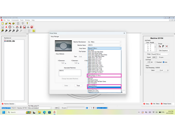 The next step is setting the material thickness, this can de done by navigating to tools, settings, like the second image, and then the thread feed tab.  Generally 3 is the average thickness.