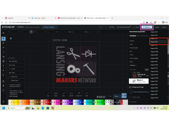 Don't Forget to click apply after. Export the design using the export button and save it as an EXP file.