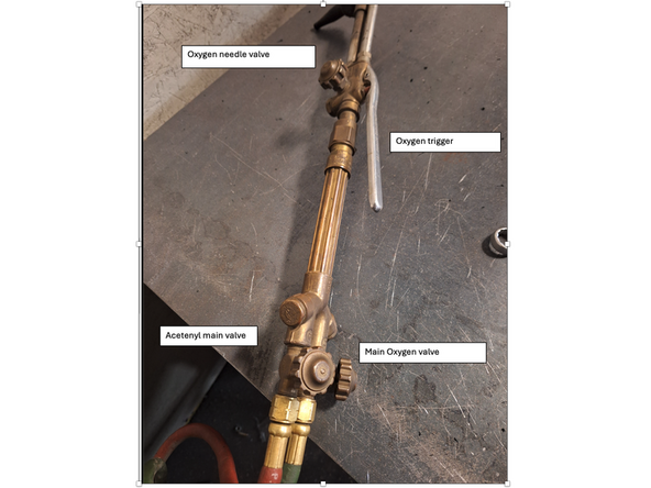 Initial •    Ensure all valves (on the torch and both cylinders) are closed before beginning. •    Check that oxygen and acetylene cylinders are properly secured to prevent tipping.