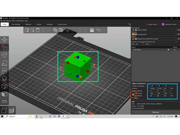 The Second tool is Scale, shown in the third image, allows you to stretch the object in X, Y, and Z axes or all three at once, if the world scaling factors are unlocked, which can be done by left clicking the padlock highlighted in the third image. Scaling is done by grabbing the gnomons.