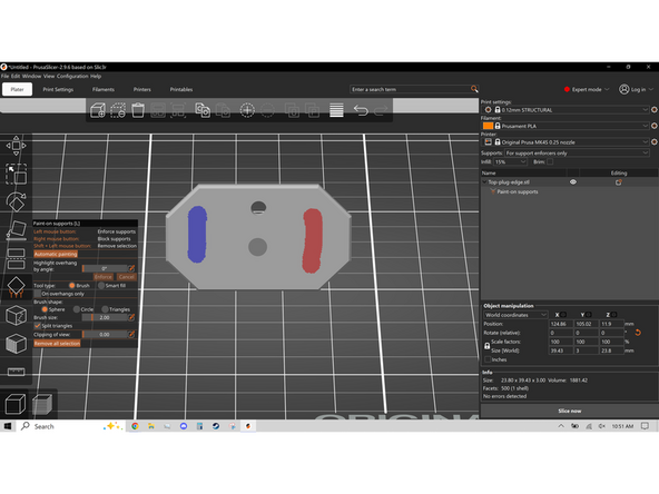 The next tool is paint on support, using left click you can "paint" on areas of blue where supports will be, and areas of red where supports will not be placed. Supports are added to areas of the model where the printer would be printing onto thin air, also called an Overhang. there will be a more detailed explanation of Overhangs later.