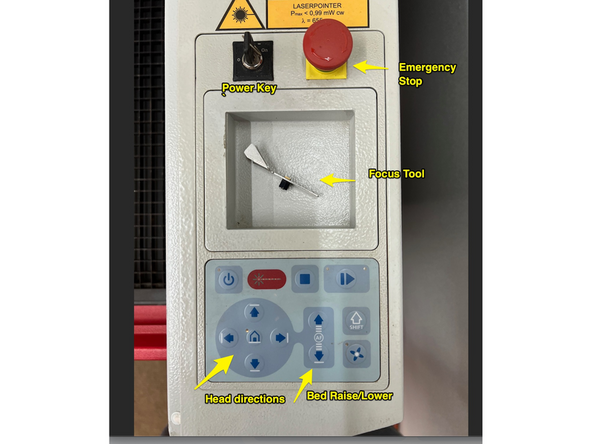 Status Light: When on, laser is powered on. When you open the lid, the laser automatically cuts power to the laser tube.