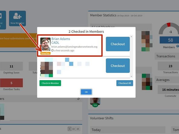 In the checked in members dialog, the list will indicate that the member is checked in with a Group Pass.