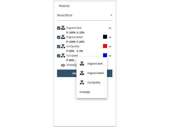 Go to Material, click arrow menu/dropdown. Find your material in the list. For this checkout, select “Wood Birch”