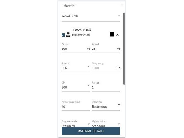 Reminder that this laser and program were created for engineers doing repeatable designs. Different materials have specific settings already setup.
