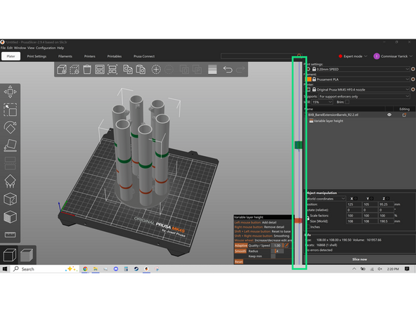 The Variable Layer Height menu, shown in the second image, lets you use left and right click, in the column on the right highlighted in green, to make the layers short or taller respectively. The sections highlighted green are shorter and the sections highlighted red are taller.