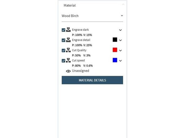 Click dropdown next to each color.  Set power and speed as needed.