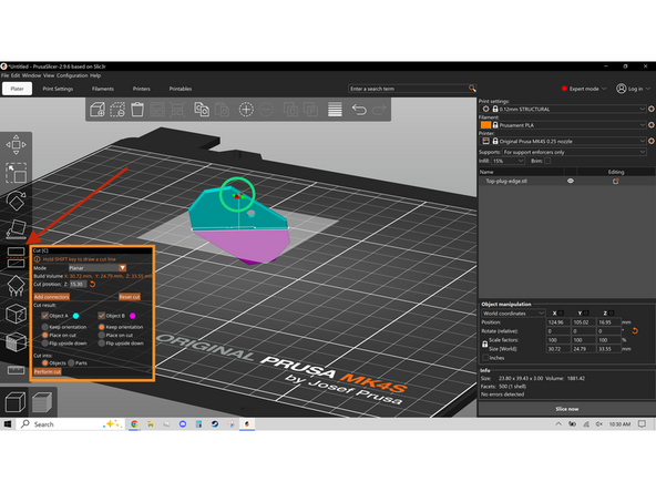 The Next tool is the Cut tool, which is used to separate a model that is too large to fit on the build plate. The cut can be rotated using the gnomons highlighted in the first image. The exact settings of the cut can be changed in the settings panel.