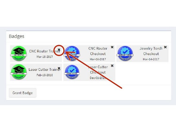 To revoke a badge, locate the badge in the badges panel and click the &quot;X&quot; icon in the top right of the badge.