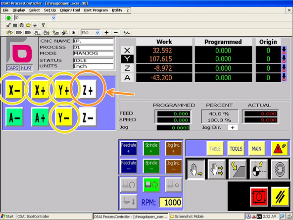 Jog the spindle up and out of the work in the Z+ direction.