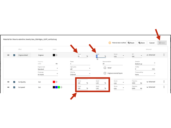 Click the text of a setting name (Ex. &quot;Engrave Dark&quot;). This will bring up the material settings window. Set power and speed as needed for each assigned color.