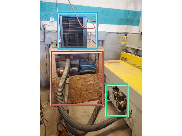 The vacuum hold down pumps are behind the machine on a wooden rack.