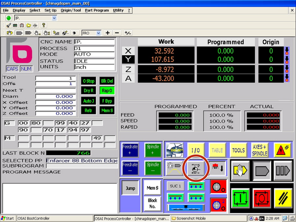 The following steps will cause the machine to move. Be sure again that the bed is clear and that nobody is in the movement envelope of the machine.
