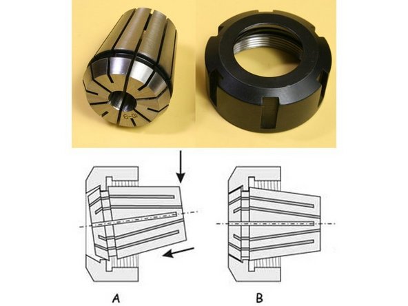 Install the collet into the nut by inserting it at an angle and pushing until the collet clicks into place.