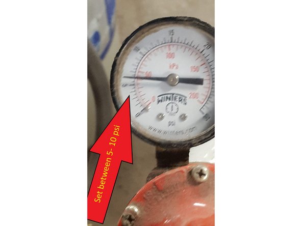 Turn Propane Regulator knob counterclockwise until Regulator Gauge reads 5 psi. If you are working large material, you may wish to run the forge at a higher psi (up to 10 psi). Be aware that at higher psi the forge will use significantly more fuel. Please do not be wasteful