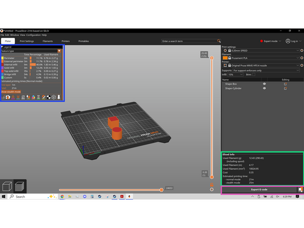The Screen should now match the second image, in the upper left of the screen important information is displayed, like how long the print will take, how long the first layer will take, Etc. In the lower right even more information is displayed, like the amount of filament used and an estimated cost.