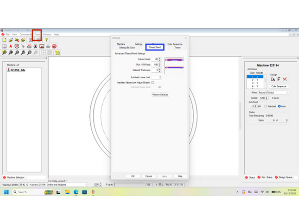 The First step is Setting the machine speed is Stitches Per Minute, this setting can be found on the right middle of the screen in the second image. 1200 SPM is the default, and should work for most projects.