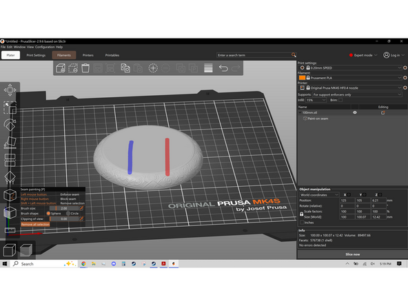 The next tool is Seam Painting. this tool can designate where the the 3D printer starts and ends layers, I.E. where the seams are on the printed object. Left click dragging leaves areas of blue, where seams will be, and right click dragging leaves areas of red, where seams will not be. This is most useful for artistic 3D prints.