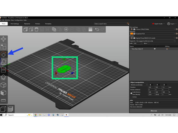 The next tool is Rotate, it allows you to change the orientation of an object along its rotational axes by grabbing the Gnomons highlighted in the first image.